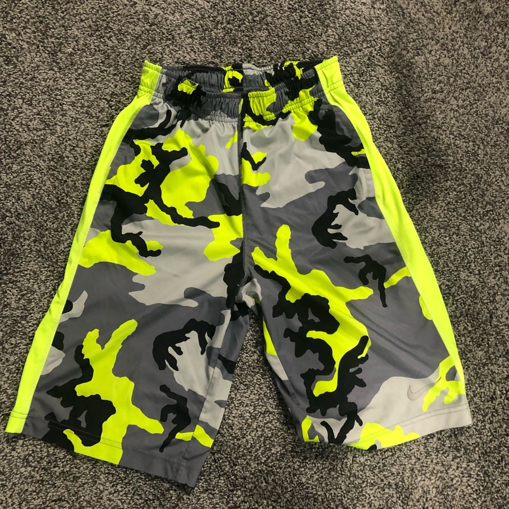 Kids large neon green camo Nike shorts